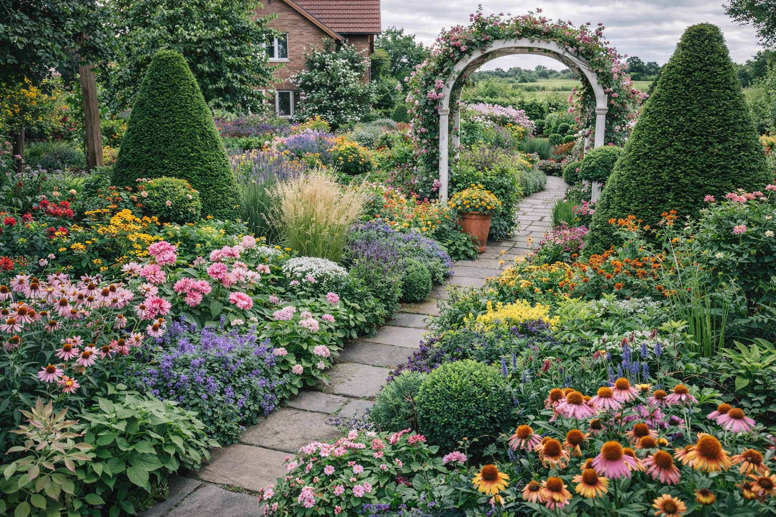 Klasičan vrt sa cvećem i ukrasnim biljkama